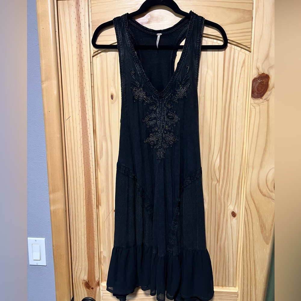 Free People Black Wash Mini Swing Dress Studded Tank Dress Size S Ruffle